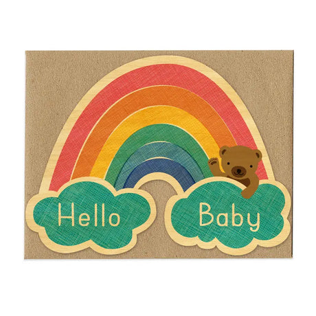 Hello Baby Wood Card featuring a colorful rainbow and bear on sustainably harvested birch wood keepsake.