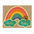 Hello Baby Wood Card featuring a colorful rainbow and bear on sustainably harvested birch wood keepsake.
