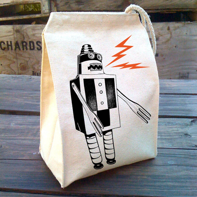 Lunch Bag | Robot features a vintage robot design on a 100% recycled cotton canvas lunch bag for daily use.