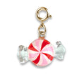 Gold Peppermint Candy Charm featuring a red and white swirl design with a gold clasp for ages 3 and up.