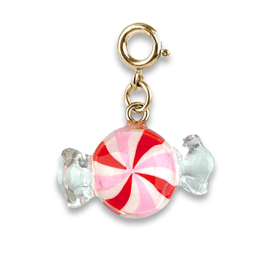 Gold Peppermint Candy Charm featuring a red and white swirl design with a gold clasp for ages 3 and up.