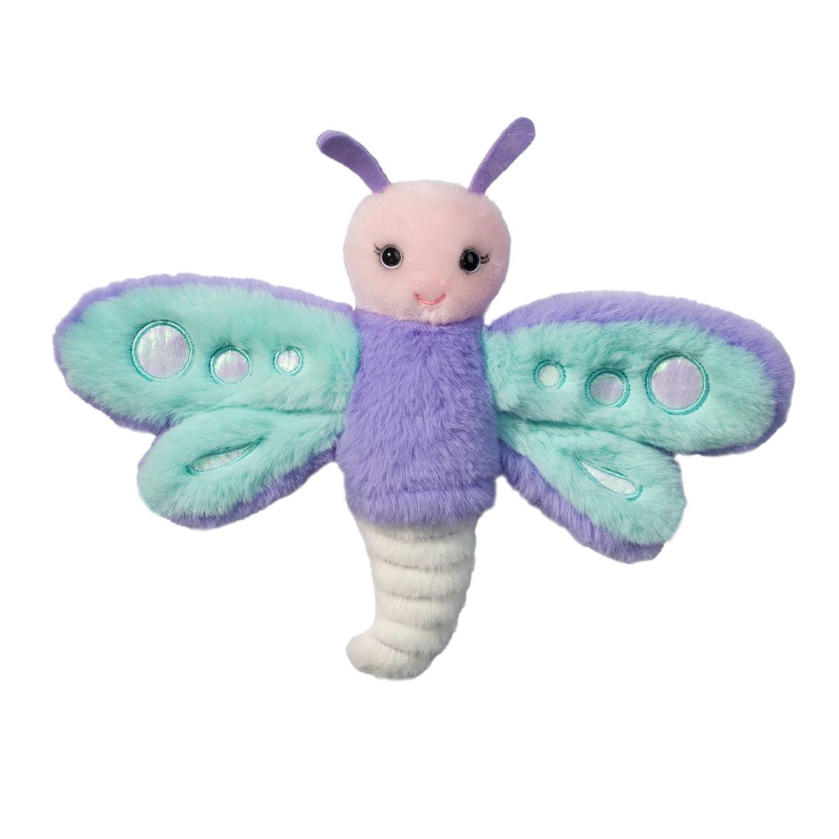 Dragonfly Dylan plush puppet with purple and teal iridescent wings and friendly eyes, perfect for kids ages 2 and up.