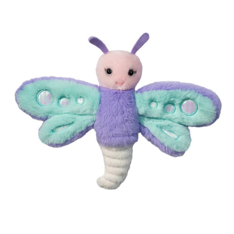 Dragonfly Dylan plush puppet with purple and teal iridescent wings and friendly eyes, perfect for kids ages 2 and up.