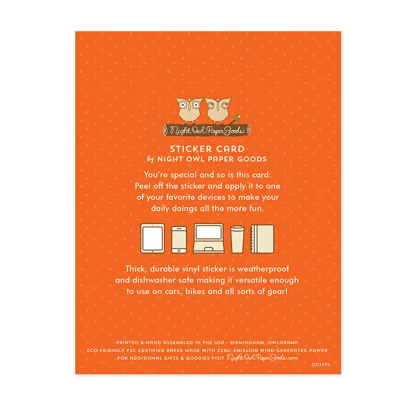 Taco Break Sticker Birthday Card with a removable weatherproof vinyl sticker and blank interior for a personal message.