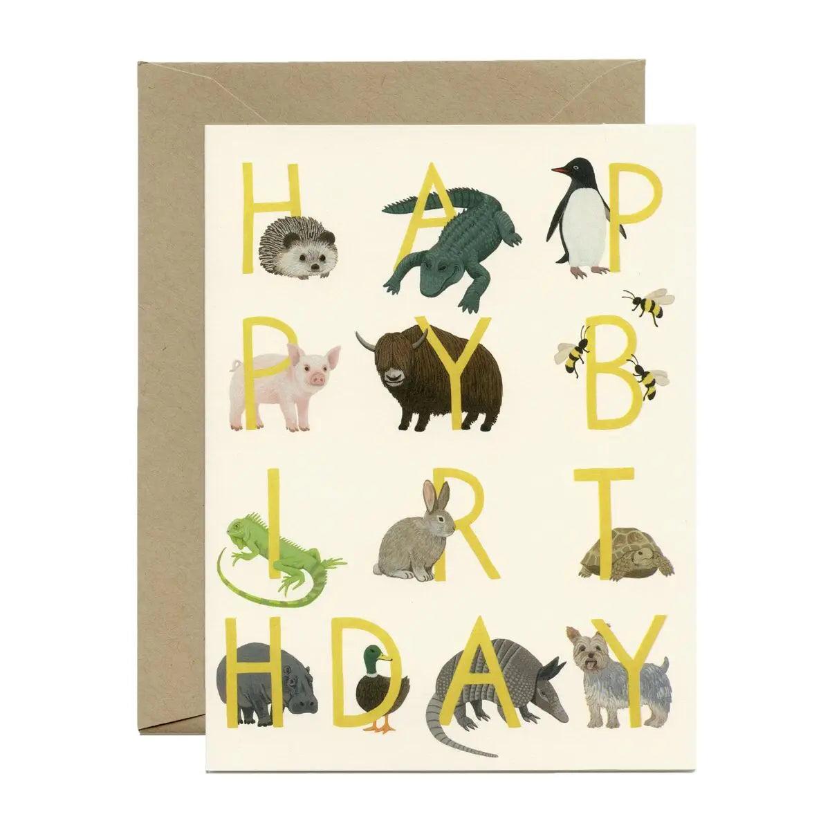 Animal Menagerie Birthday Card featuring various animals and yellow letters on FSC-certified recycled paper.
