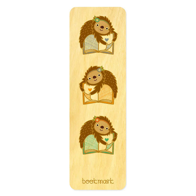 Story Sloths Wood Bookmark featuring three cute sloths holding books on a natural birch wood background.