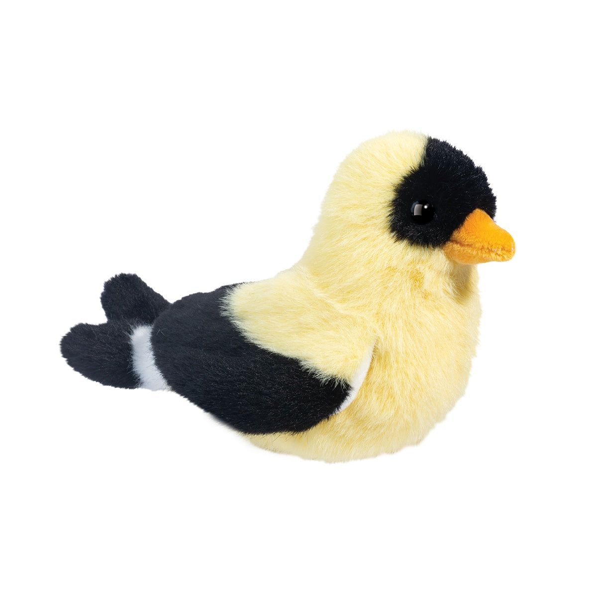 Goldfinch Faye plush features soft yellow and black feathers with an orange beak, perfect for bird lovers and kids.