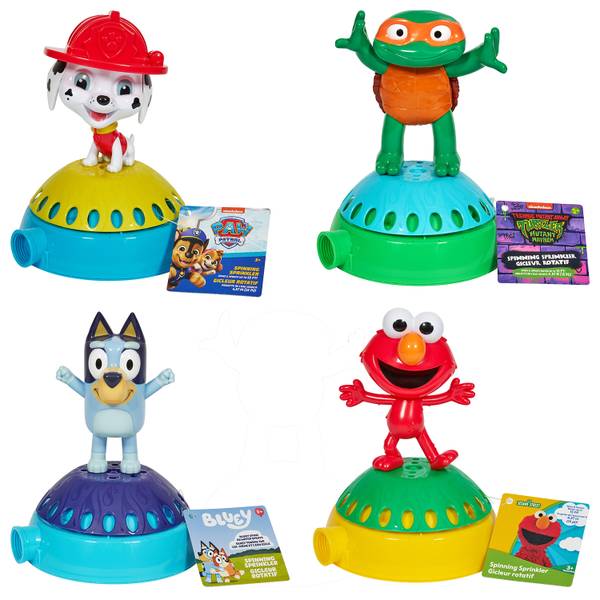 Spinning Sprinkler featuring colorful character tops that connect to garden hoses for fun outdoor water play.