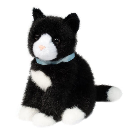 Black & White Cat Mini stuffed animal with silky black and white fur, blue collar, pink nose, and brown eyes, sitting 6 inches tall.