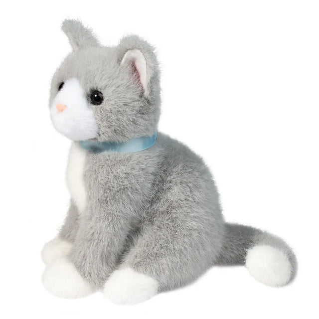Grey Cat Mini plush toy with soft gray fur, white accents, pink nose, brown eyes, and sky blue collar sitting upright.