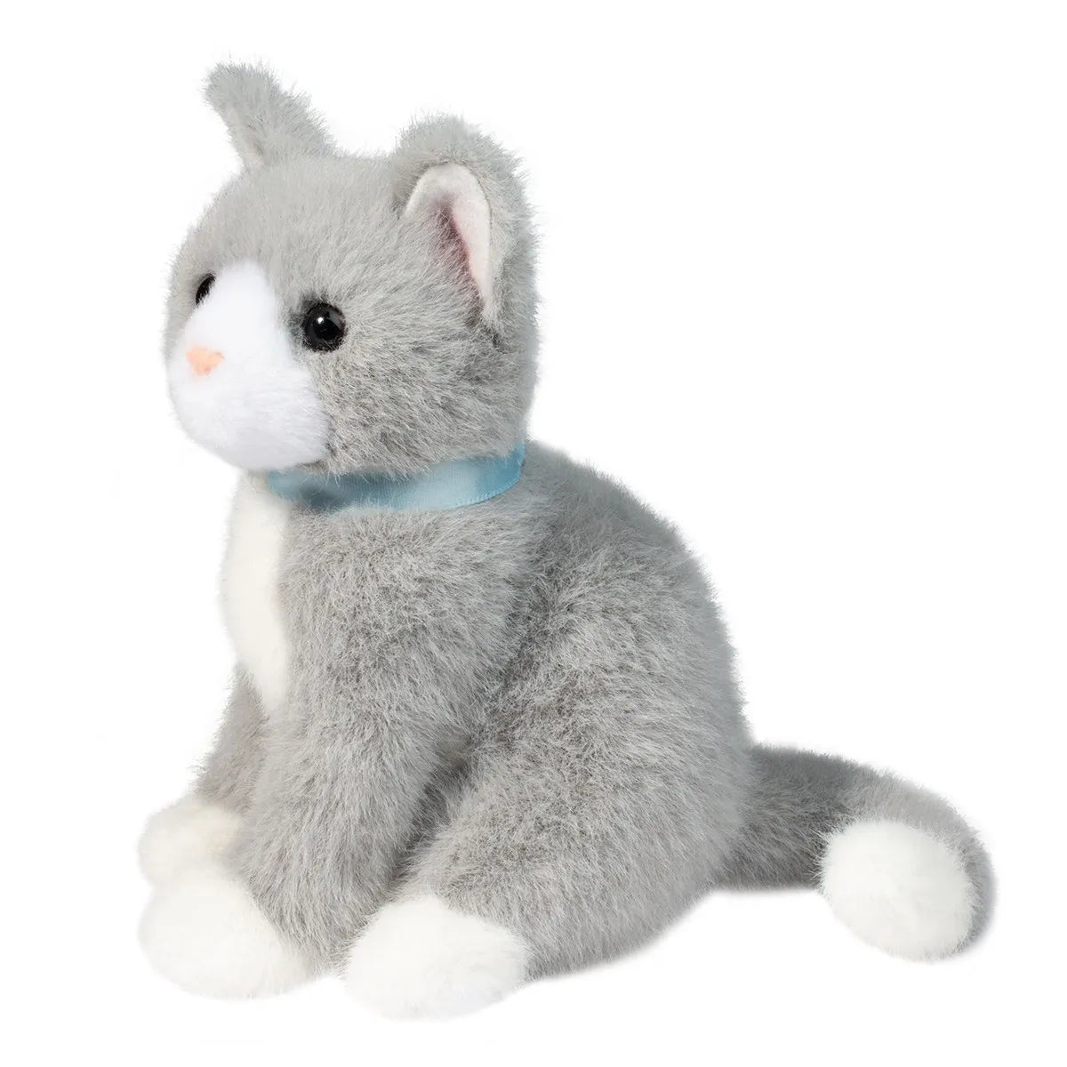 Grey Cat Mini plush toy with soft gray fur, white accents, pink nose, brown eyes, and sky blue collar sitting upright.