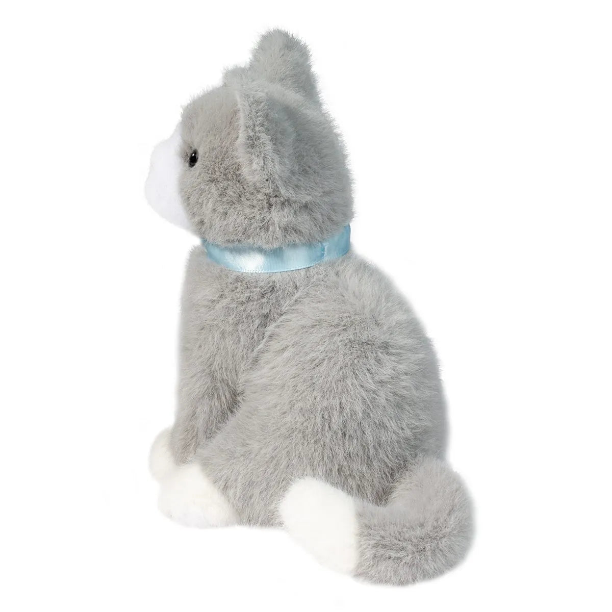 Grey Cat Mini plush toy with soft gray fur, white accents, and a sky blue collar sitting facing sideways.