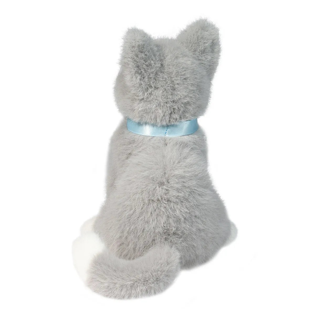 Grey Cat Mini stuffed animal showing soft grey fur and blue collar from the back, perfect for cat lovers.