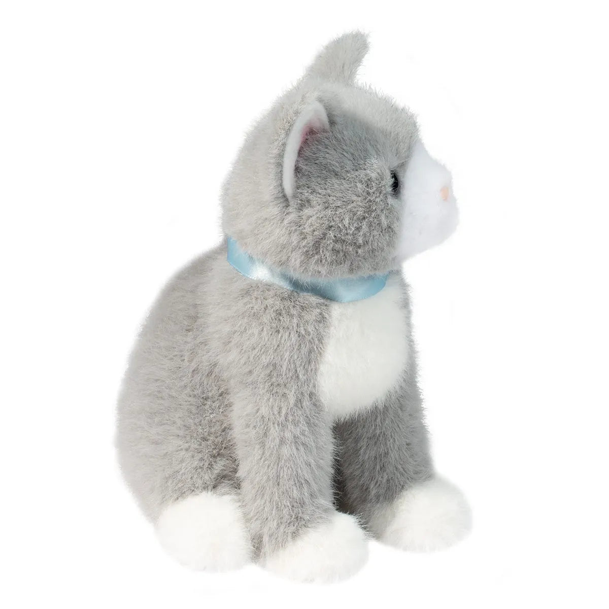 Grey Cat Mini plush stuffed animal with soft gray fur, white markings, pink nose, brown eyes, and blue collar, sitting upright.