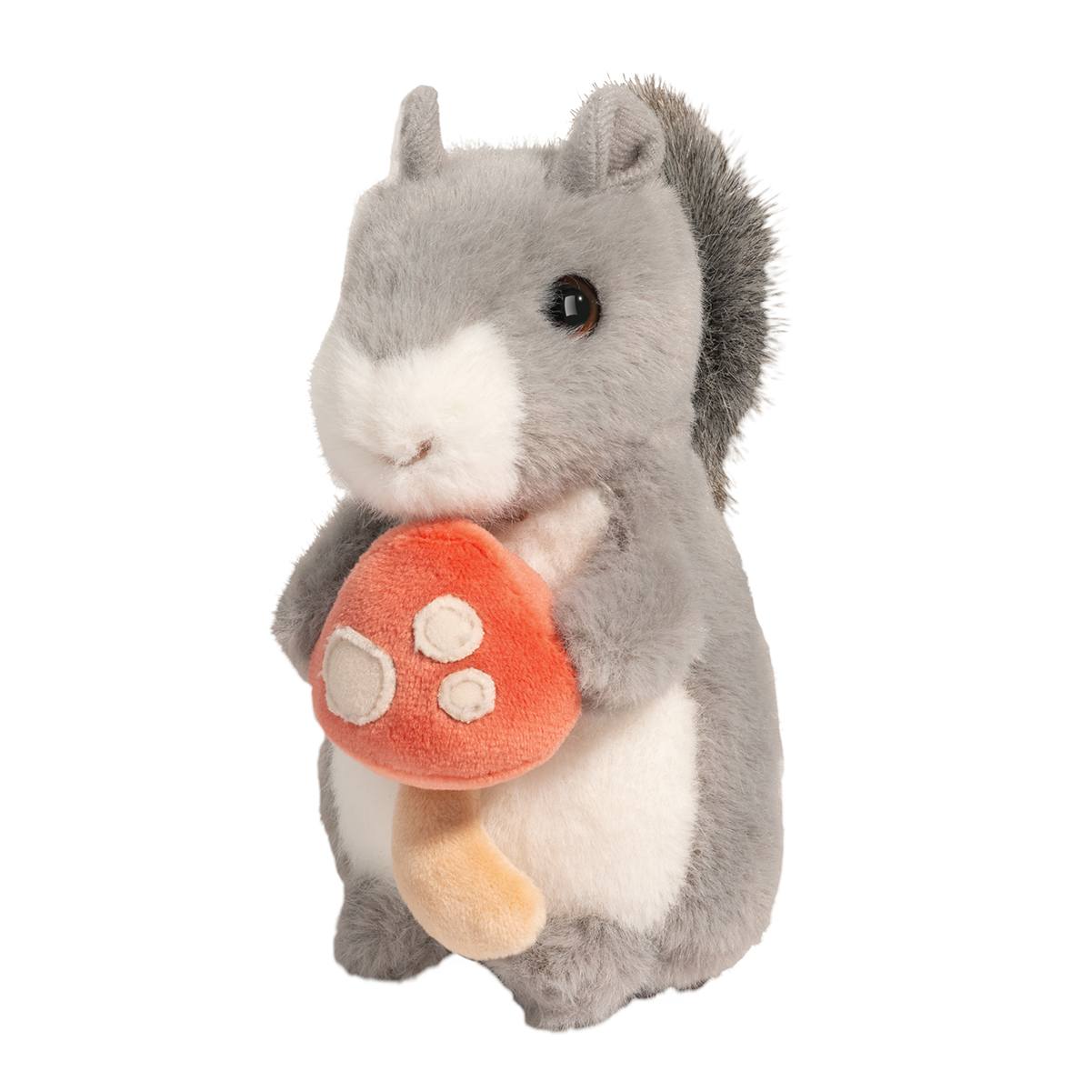 Squirrel with Mushroom plush toy holding a red spotted mushroom, soft and cuddly with cheerful expression.