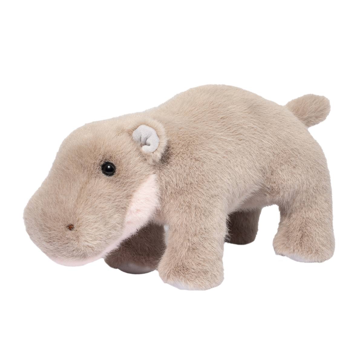 Soft and cuddly Pygmy Hippo Nibbles plush with round head, snout, little tail, and big feet, perfect for ages 2 and up.