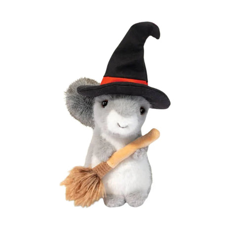 Plush gray squirrel wearing a black witch hat with a red band and holding a small broom, standing 8.5 inches tall.