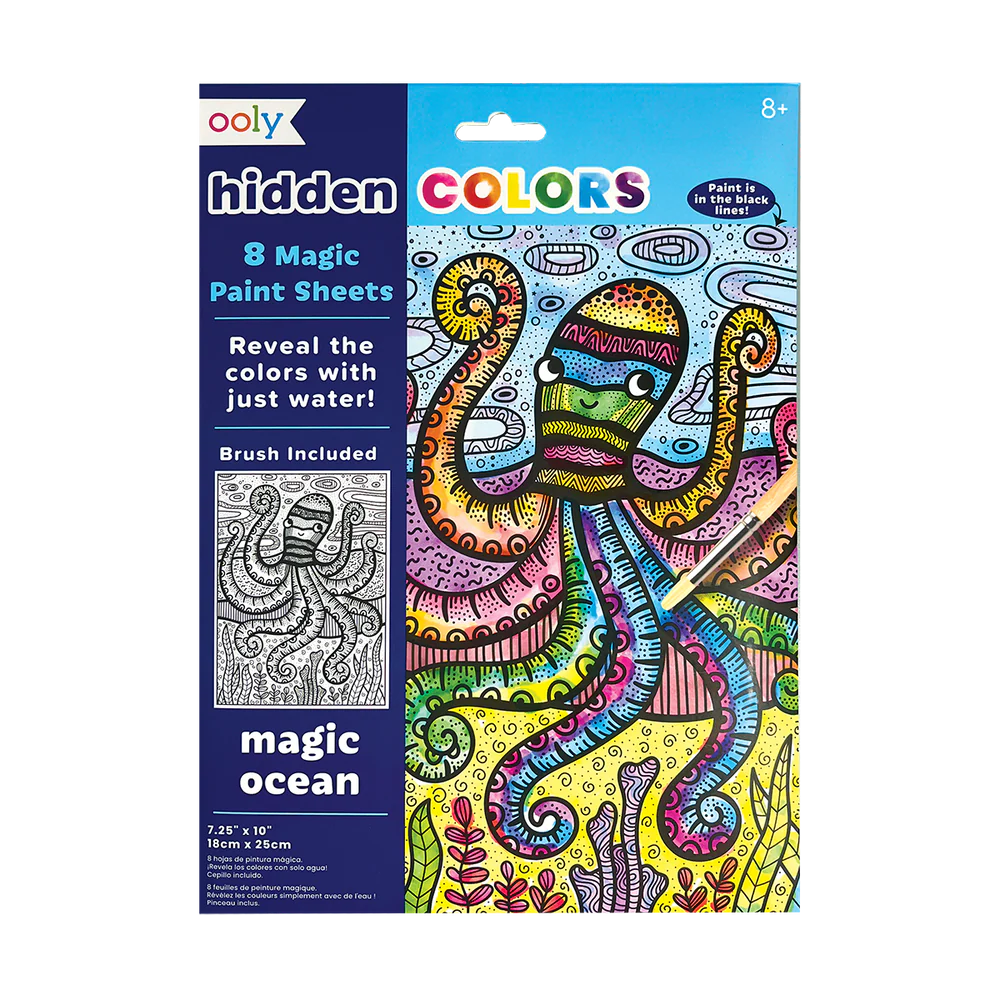 Hidden Colors Magic Ocean with 8 water reveal paint sheets featuring ocean creatures and a paintbrush for ages 8 and up.