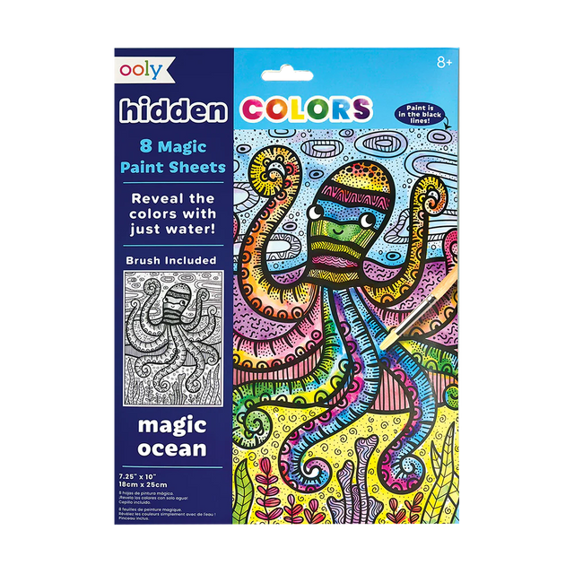 Hidden Colors Magic Ocean with 8 water reveal paint sheets featuring ocean creatures and a paintbrush for ages 8 and up.