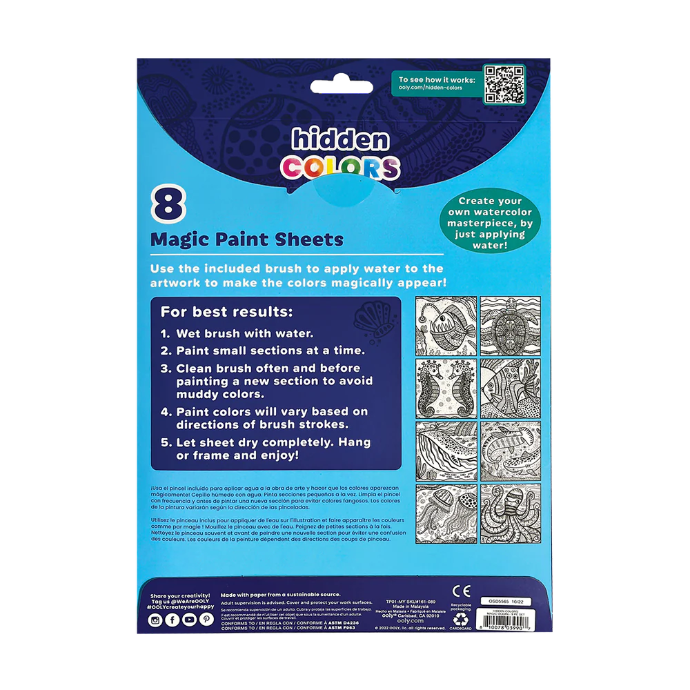 Hidden Colors Magic Ocean features 8 ocean creature magic paint sheets that reveal colors with water using a brush.