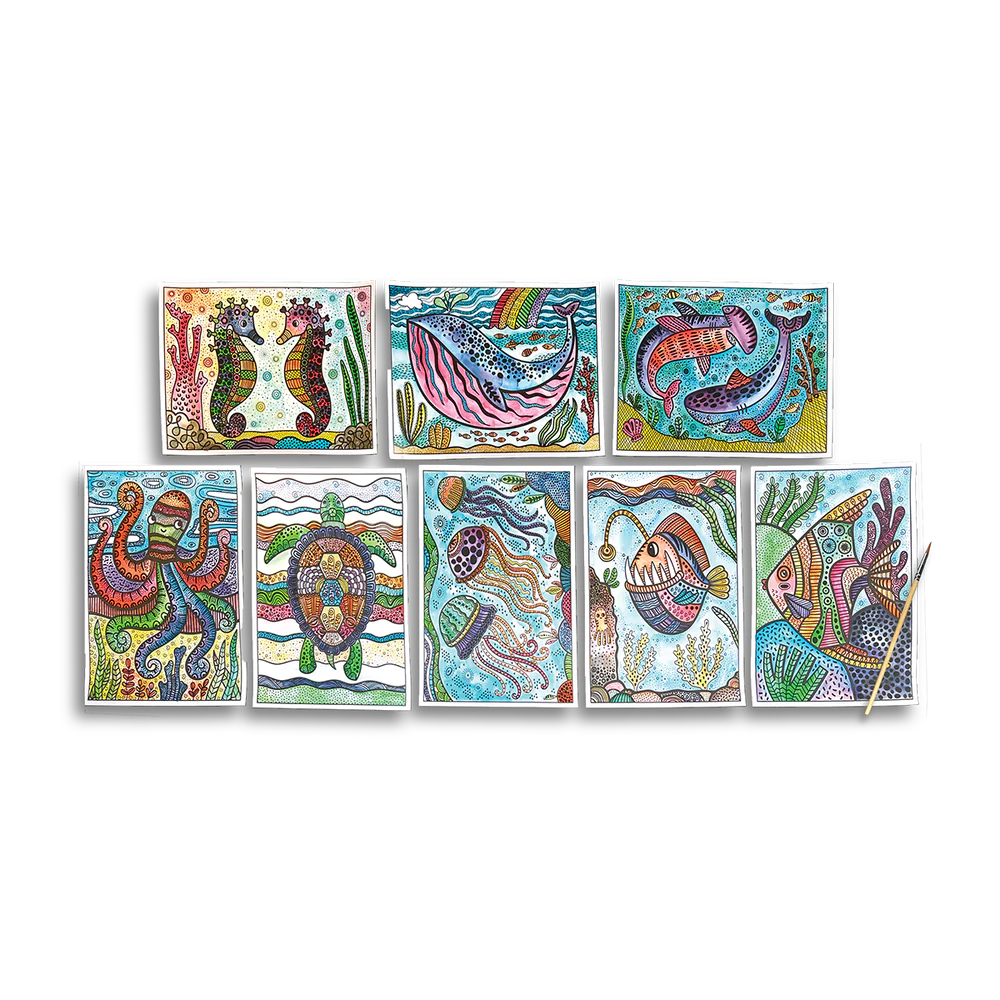 Hidden Colors Magic Ocean shows vibrant ocean creatures revealed with water on eight magic painting sheets and a paintbrush.