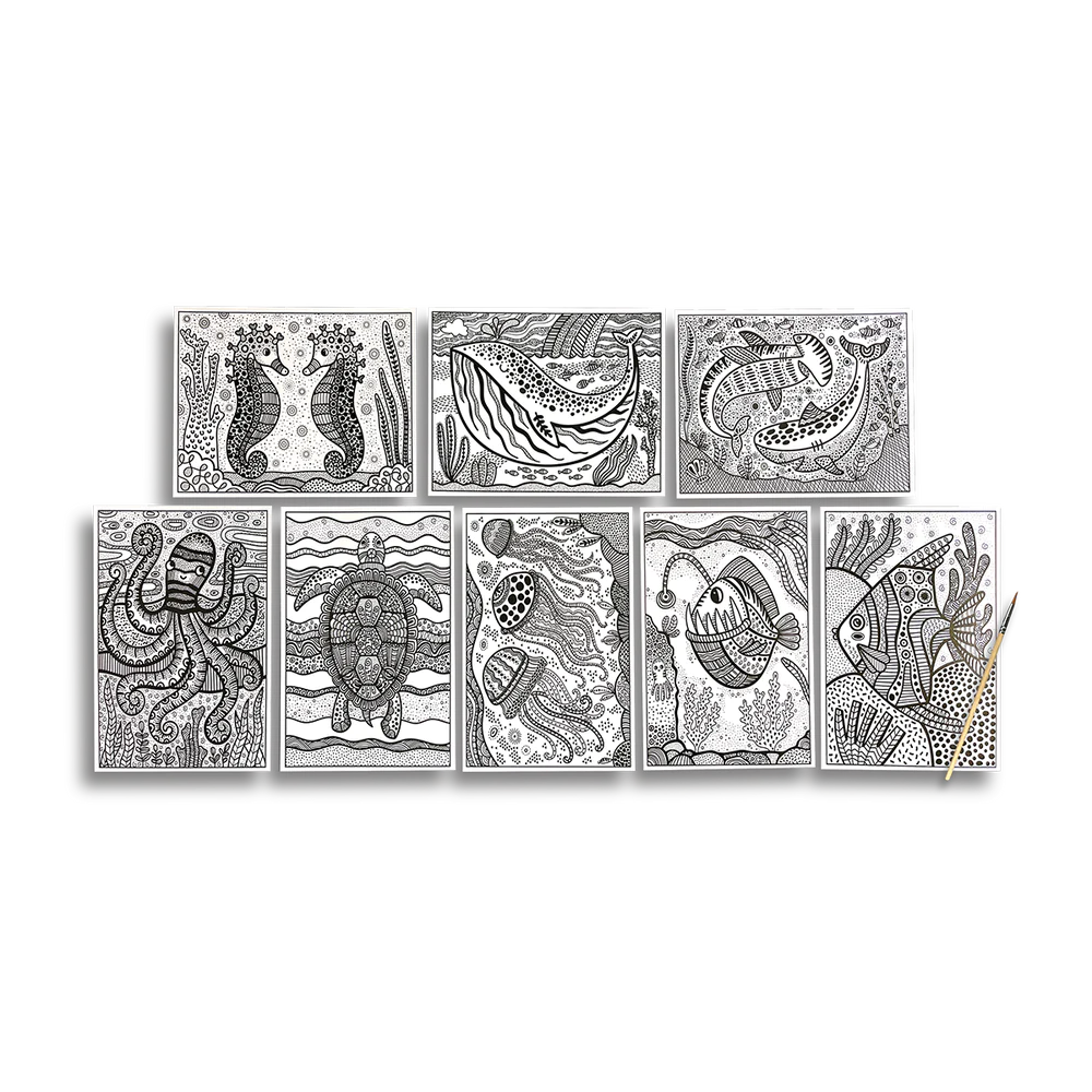 Hidden Colors Magic Ocean features eight black and white ocean creature sheets with a brush to reveal colors with water.