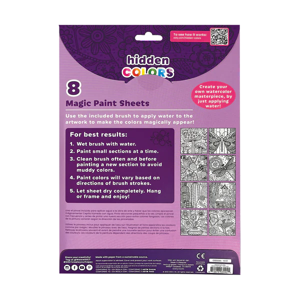 Hidden Colors Magic Nature paint sheets package showing 8 nature designs with water-activated color painting instructions.
