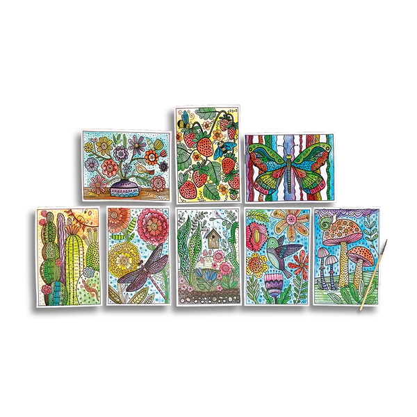 Hidden Colors Magic Nature water reveal painting sheets with colorful nature designs and paintbrush included for kids.