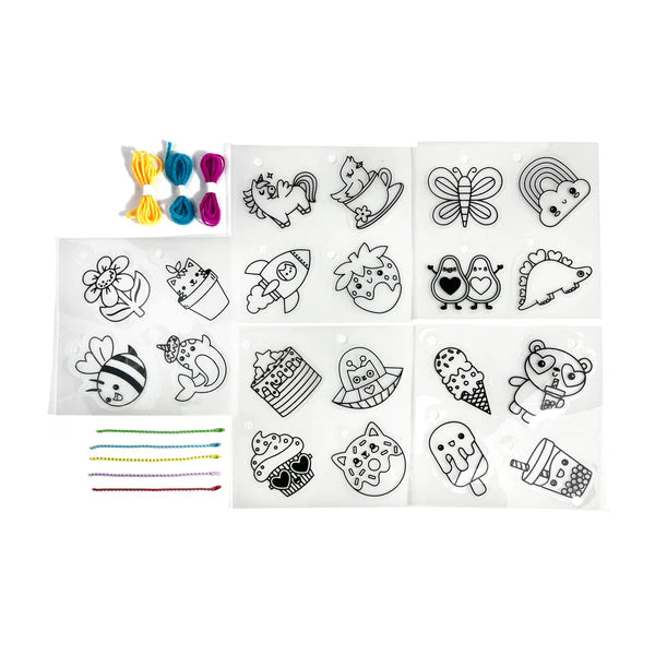 Shrink-Its! Cute Crew DIY kit with pre-cut shrink plastic charms, cords, and ball chains for creative crafting fun.