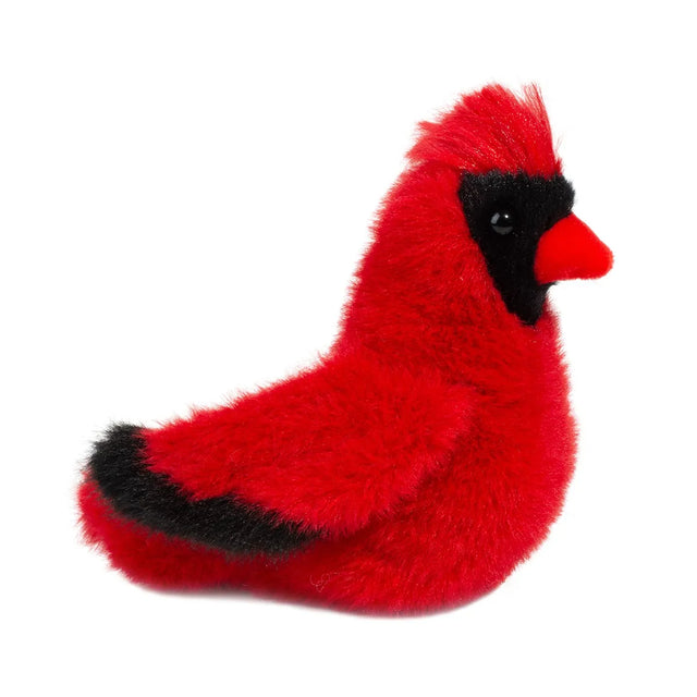 Plush Cardinal Carmine with bright red soft fur, black wing tips, and tufted crest, perfect for play or display.