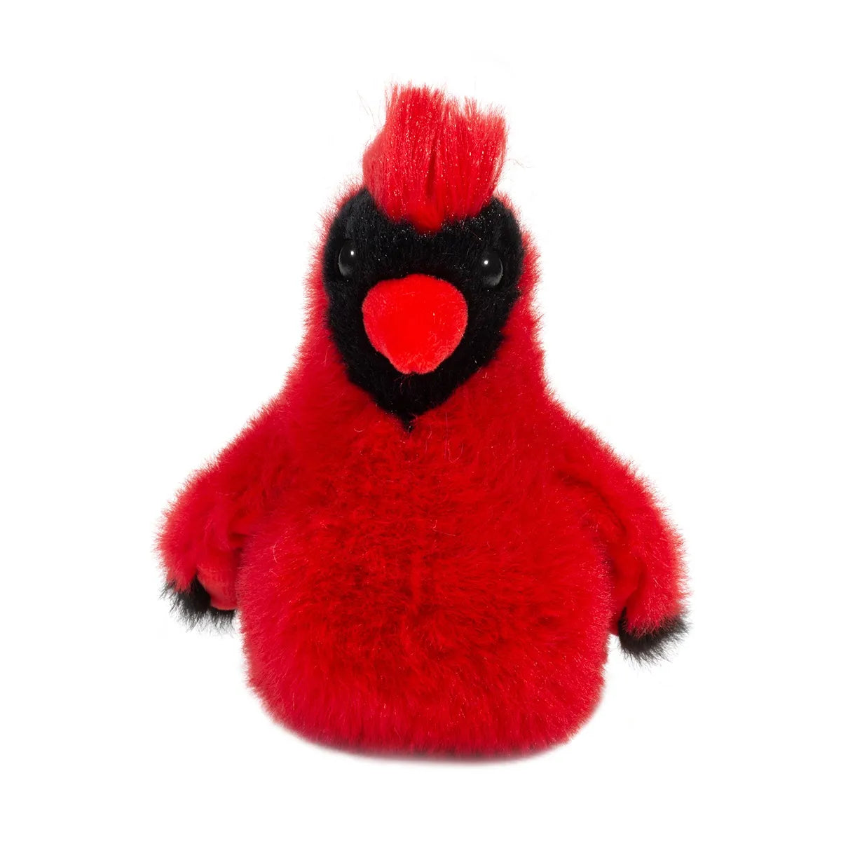 Plush Cardinal Carmine with bright red plumage, black facial markings, tufted crest, and soft, fluffy texture.