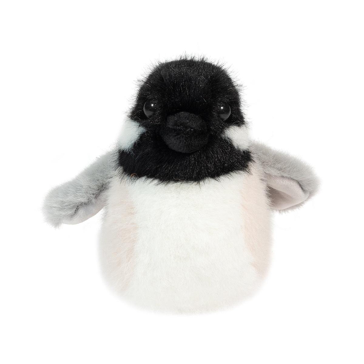 Chickadee Chipper plush toy with black cap, white face, gray wings, and soft cuddly body, perfect for bird lovers.