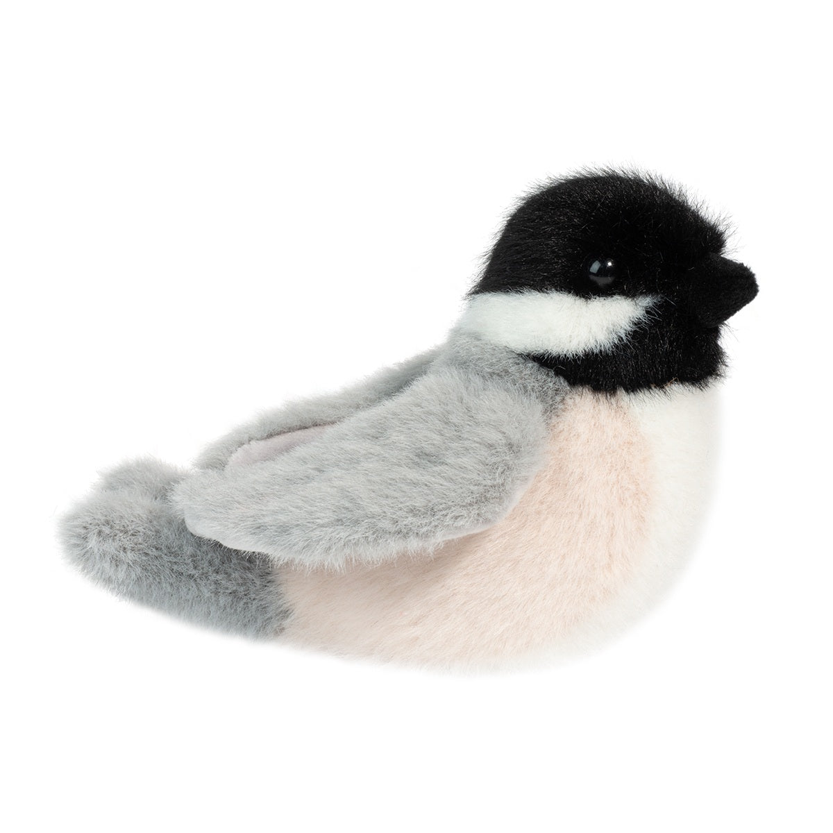 Chickadee Chipper plush bird with black cap, white facial markings, gray wings, and soft cuddly body.