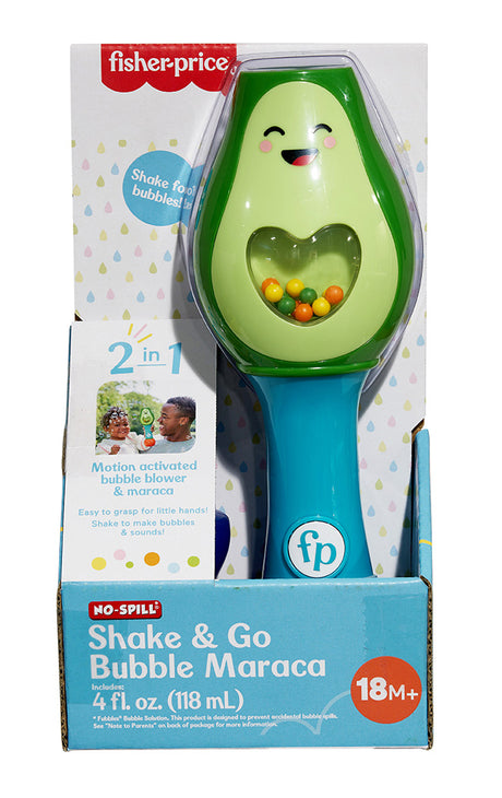 Fisher Price No-Spill Shake & Go Bubble Maraca in avocado shape with colorful beads for bubbles and sound.
