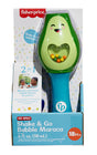 Fisher Price No-Spill Shake & Go Bubble Maraca in avocado shape with colorful beads for bubbles and sound.