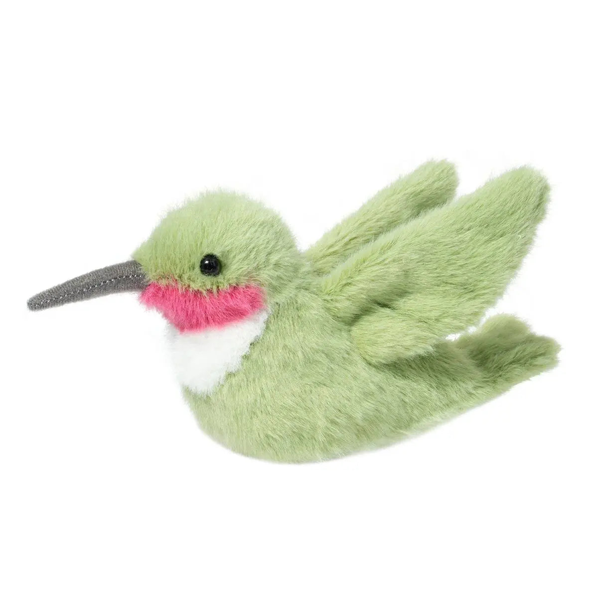 Soft green plush Hummingbird with rosy throat and white bib, showing wings mid-flight – Hummingbird Nectar plush toy.