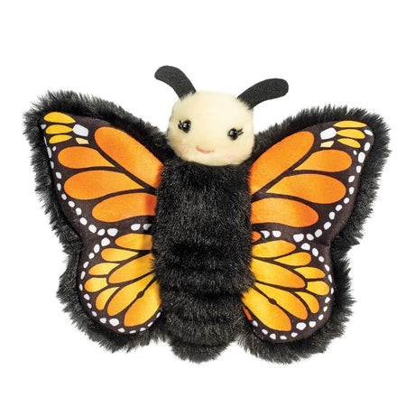 Monarch Butterfly Mini finger puppet with bright orange and black wings and embroidered smiling face, perfect for storytelling.