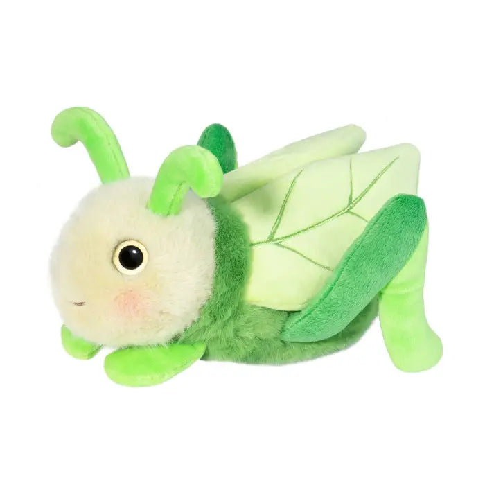 Grasshopper Kady plush toy with soft green hues, rosy cheeks, perky antennae, and delicate wing details.