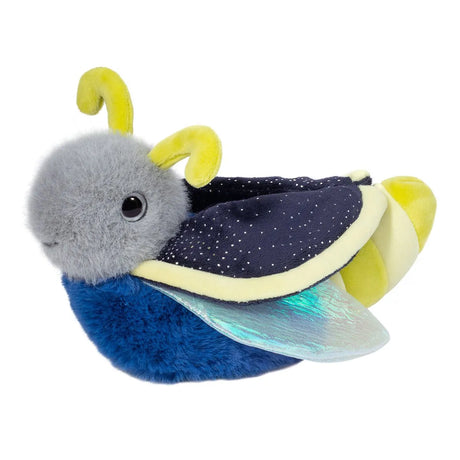 Firefly Flint plush toy with blue body, yellow-striped tail, iridescent wings, and soft gray head and antennae.