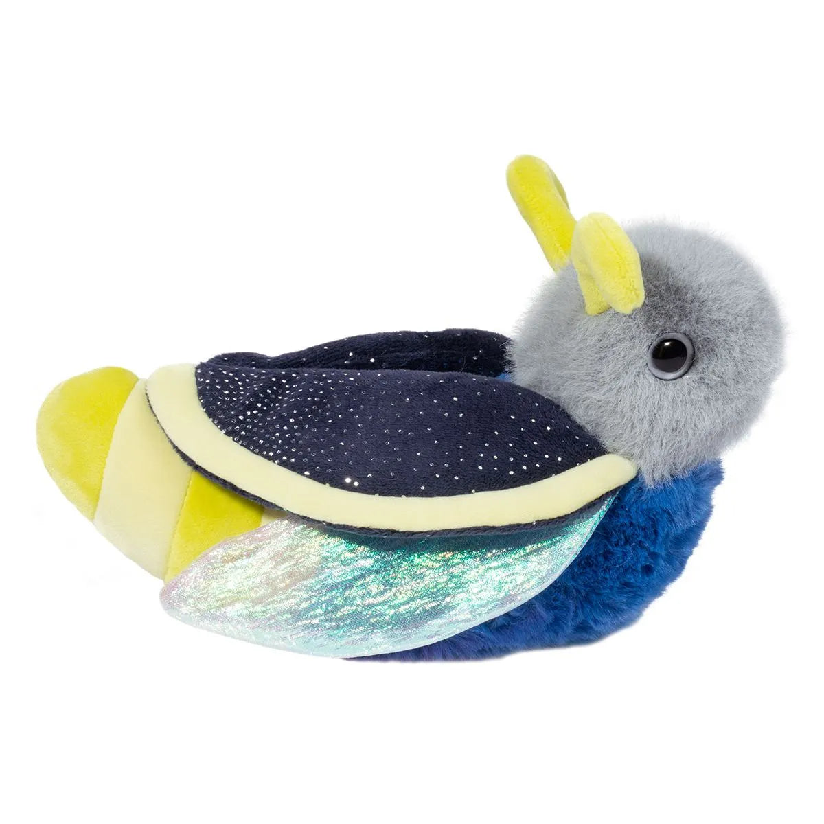 Firefly Flint plush toy with navy blue body, yellow glowing tail, iridescent wings, and gold speckled wing covers.