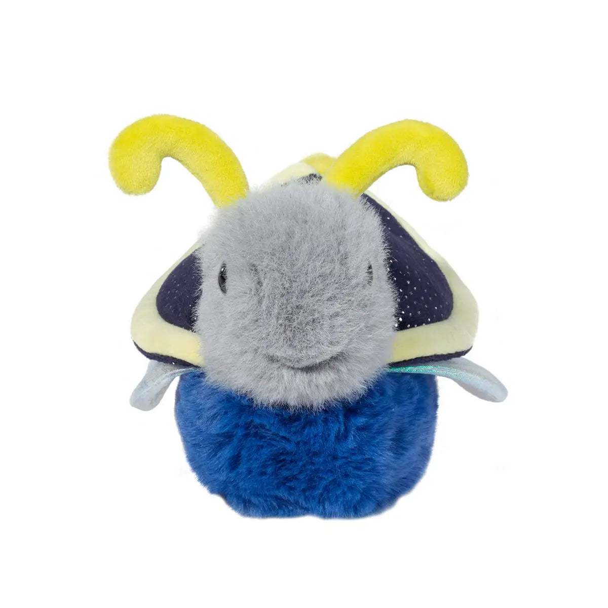 Firefly Flint plush toy with yellow antennae, blue body, and iridescent wings, perfect for summer nights.