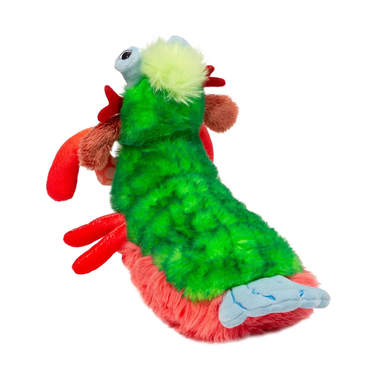 Mantis Shrimp Punchie plush toy showing vibrant green, red, and blue colors with detailed claws and textured fur.