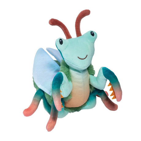Praying Mantis Micah plush toy with embroidered eyes, cheerful smile, and colorful blue, green, and pink body.