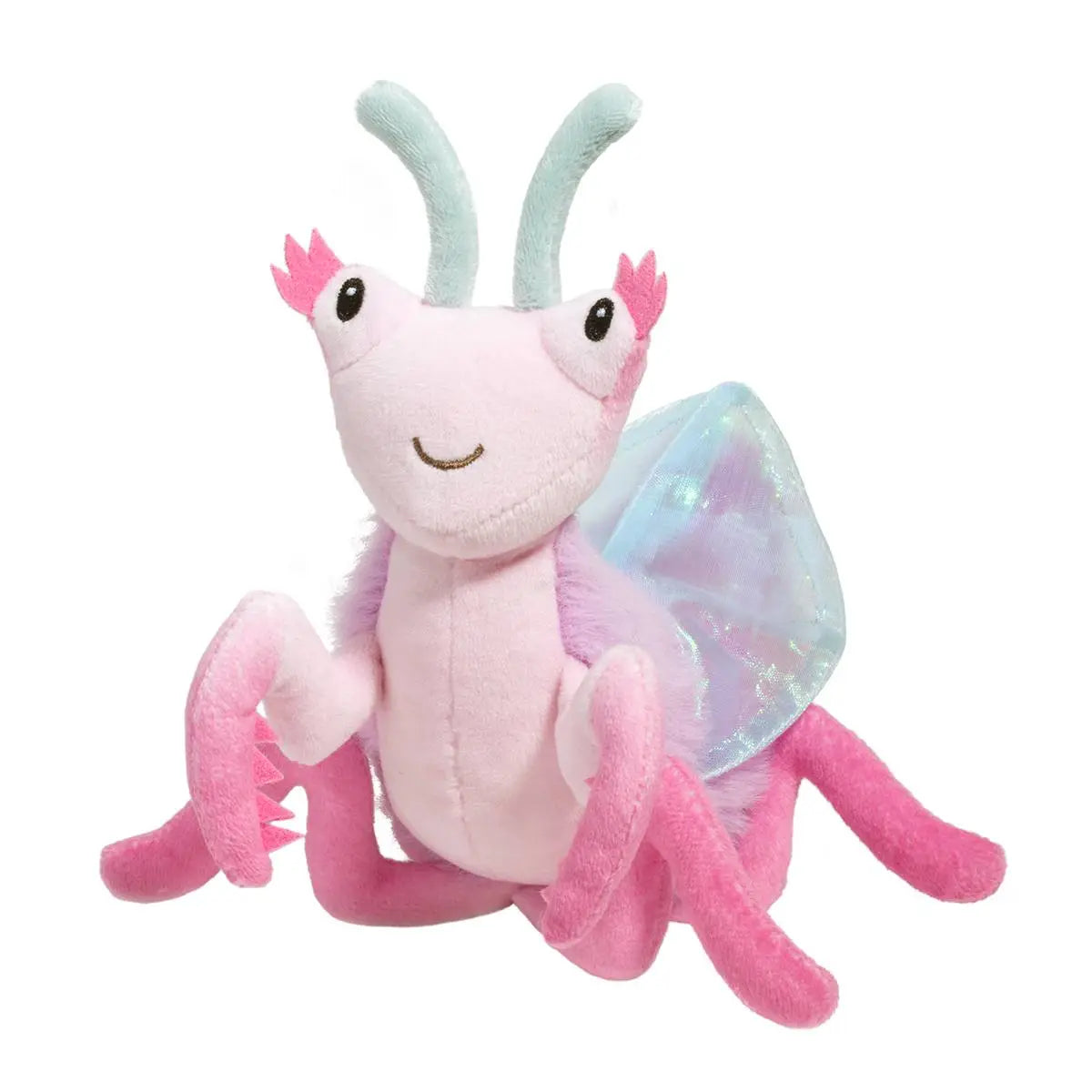 Orchid Mantis Ophelia plush toy in shades of pink with whimsical eyelashes and shimmery transparent wings.