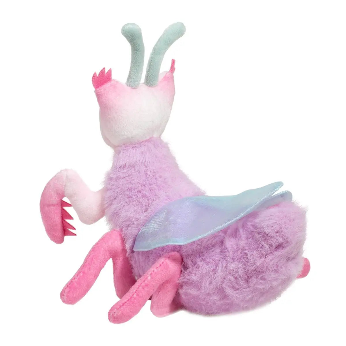 Plush Orchid Mantis Ophelia with pink and lavender body, shimmery transparent wings, and whimsical friendly expression.