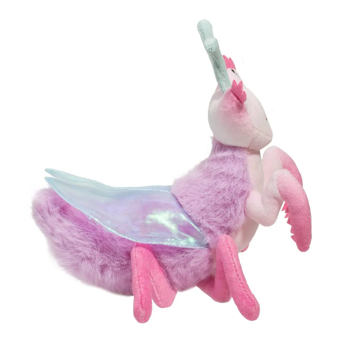 Orchid Mantis Ophelia plush toy with pink legs, shimmery wings, lavender body, and whimsical eyelash accents.
