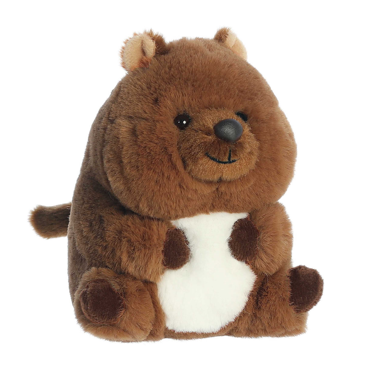 Rolly Pet Quokka Quinn plush with round body, soft brown fur, white belly, and a cheerful smiling face.