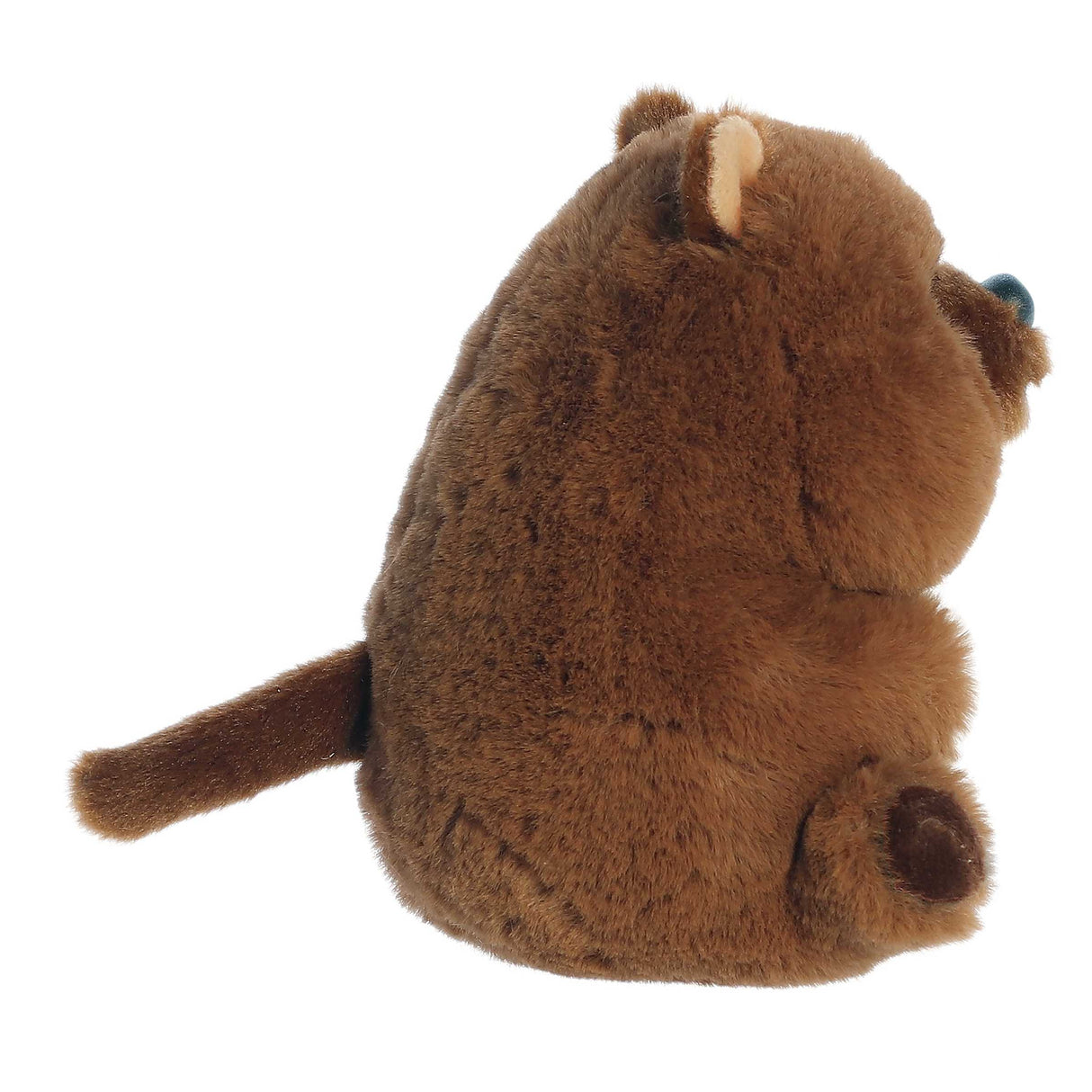 Rolly Pet Quokka Quinn plush shown from side, featuring round brown fur and soft tail in a sitting pose.