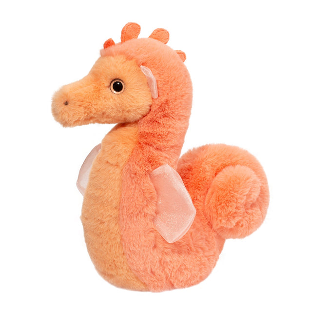 Plush orange Seahorse Sherbet with gauzy fins, velvety crest, curlicue tail, and bright citrus eyes, soft and cuddly toy.