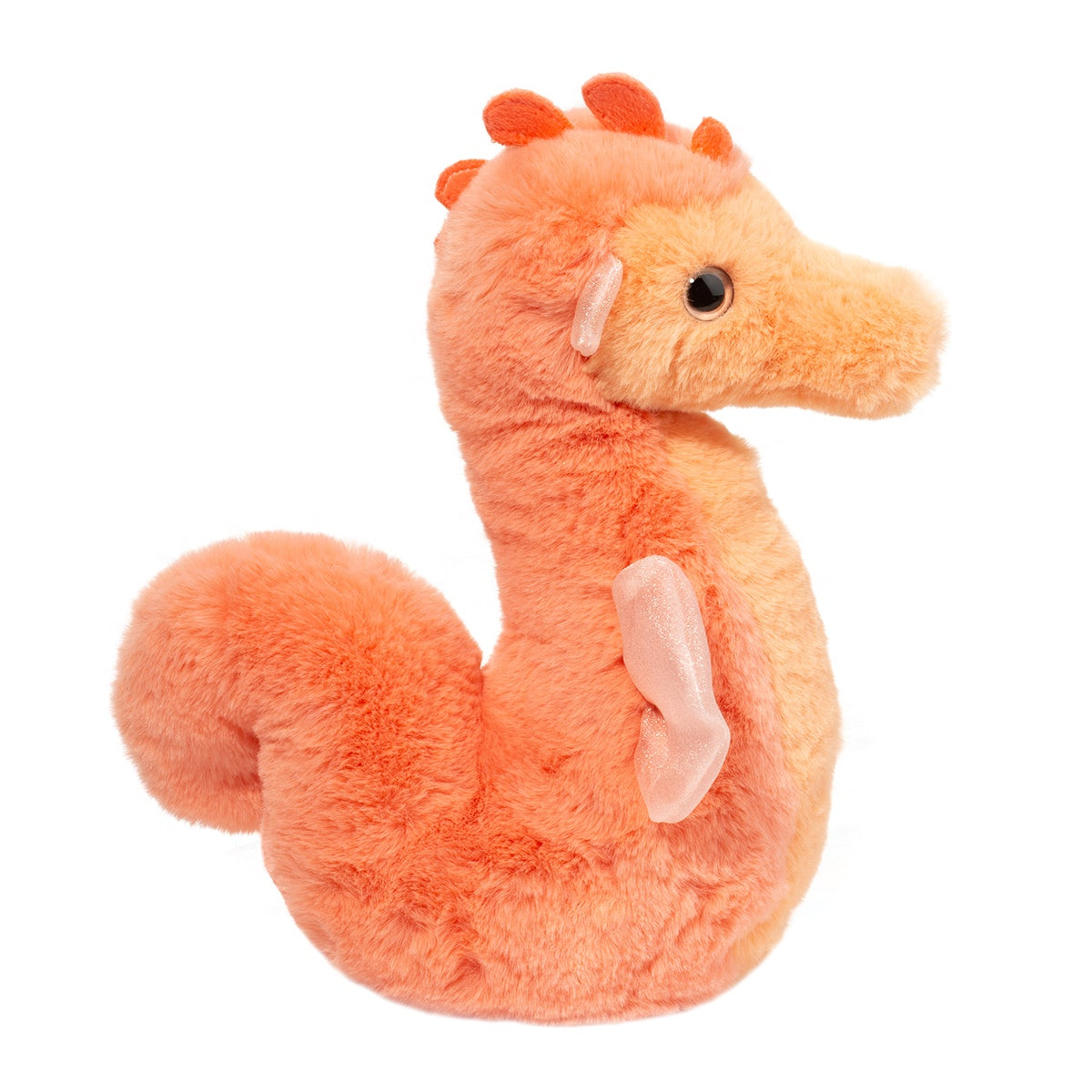 Seahorse Sherbet plush toy in bright orange with soft texture, delicate fins, and curlicue tail, perfect for children 24 months and up.